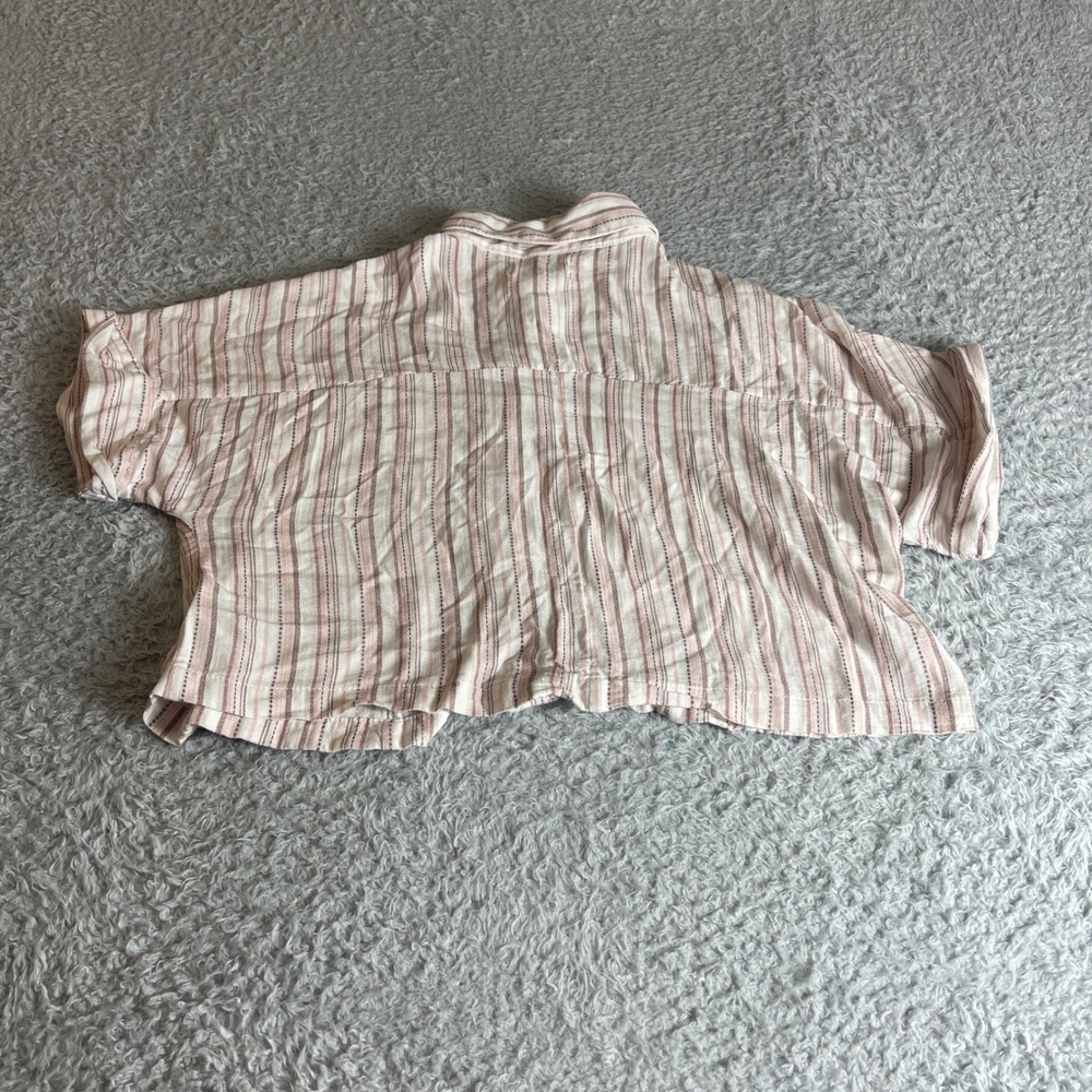 April Kiss Womens Pink Striped Linen Blend Cropped Button Down Shirt Small - Picture 8 of 9